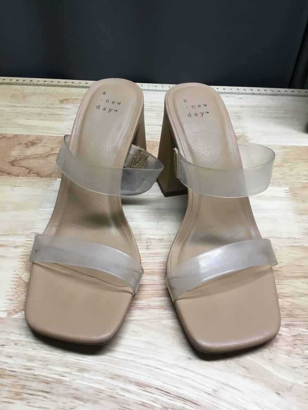 A New Day Clear Strappy Pumps Women's Size 6 Beige Slip-On Open Toe Block Heels